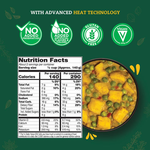 100% 2-285g Pack 6 MTR Curry Delight - Authentic Indian Ready-to-Eat Green Peas & Sweet Potato Curry - Gluten-Free, No
