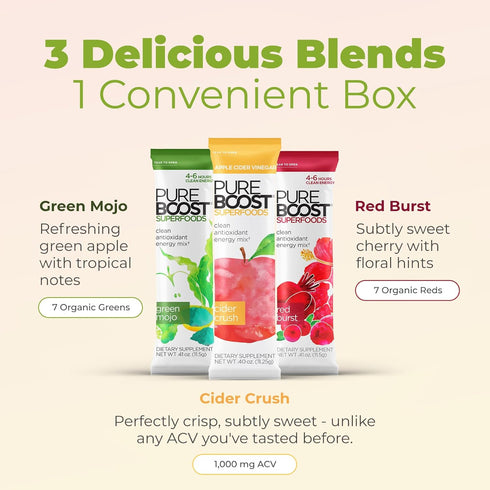 Pack 30 Count, 7 Pureboost Sugar-Free Superfoods Clean Energy Booster, Combo Energy Drink Mix with Apple Cider Vinegar