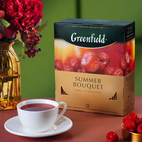 Summer 100 Greenfield Herbal Tea Bouquet - Caffeine-Free Hibiscus Raspberry Rosehip Fruit Tea, Individually Wrapped Tea