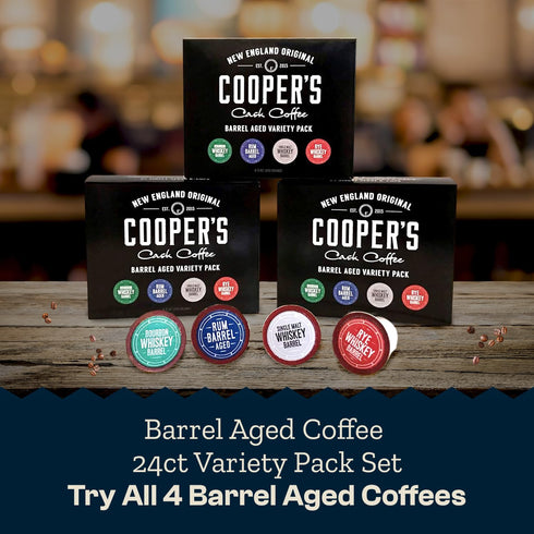 Pack Set 24ct Coopers Cask Coffee Bourbon Barrel Aged Coffee Pods Variety - Single Serve Cups, Bourbon, Rye Whiskey