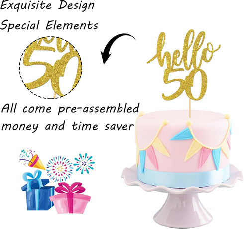Hello 50 Cake Topper - 50th Birthday / Anniversary Party Decoration Supplies (Gold, Hello 50)