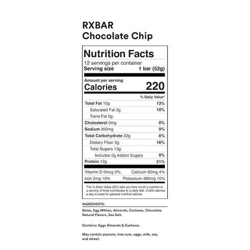 22oz (12 Count) RXBAR Protein Bars, Protein Snack, Snack Bars, Chocolate Chip, Box