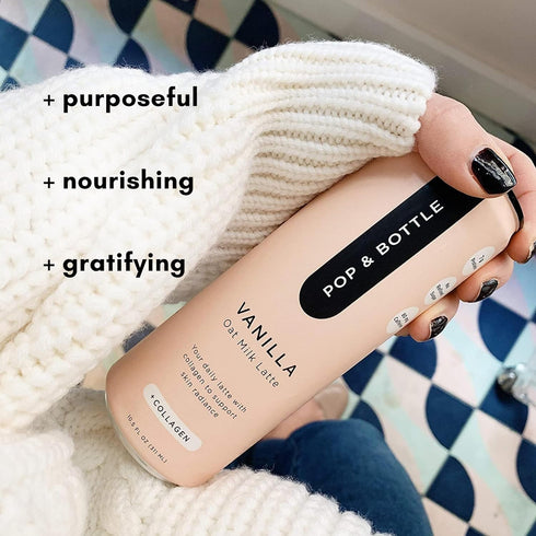 8 Oz (Pack 8) Pop & Bottle Vanilla Oat Milk Lattes - Cold Brew, Sustainably Sourced Marine Collagen, MCT Oil, Organic