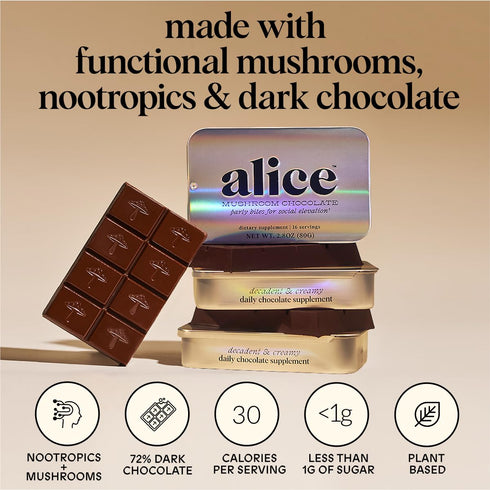1 Pack Alice Mushrooms Party Trick | Functional Mushroom Chocolate for Social Enjoyment | Cordyceps, Kanna & Nootropics