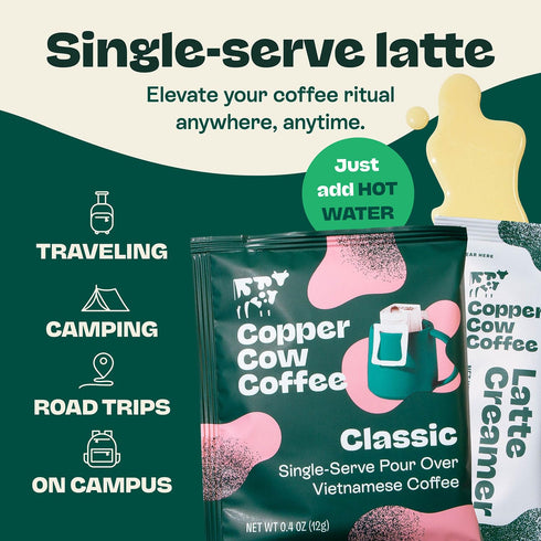 Pack (15 15 Copper Cow Vietnamese Coffee Variety Coffees & Creamers)| Classic, Vanilla, & Salted Caramel Latte | Pour