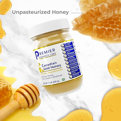 100% 1 lb Premier Research Labs Canadian Gold Honey - Raw Honey, Pure Honey, Raw Unpasteurized Honey, Unfiltered, Pure