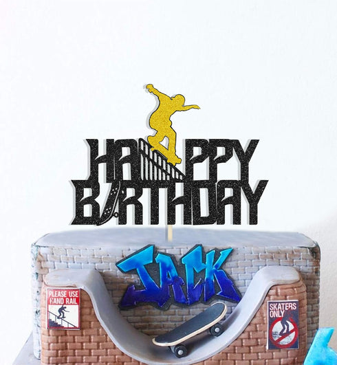 Glitter Happy Birthday Skateboard Cake Topper for Extreme Sport Skateboarding Graffiti Theme Birthday Party Decorations
