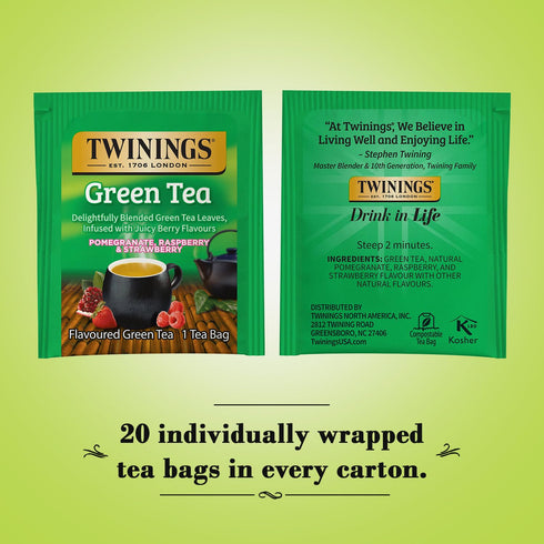 20 Count (Pack 2) Twinings Green Tea with Pomegranate, Raspberry, and Strawberry - Caffeinated Green Tea Bags