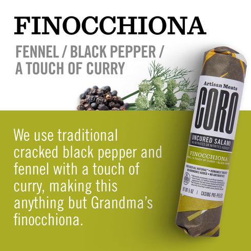 5oz Coro Uncured Finocchiona Artisan Salami Stick | Fennel, Black Pepper & Curry | Perfect for Charcuterie Boards