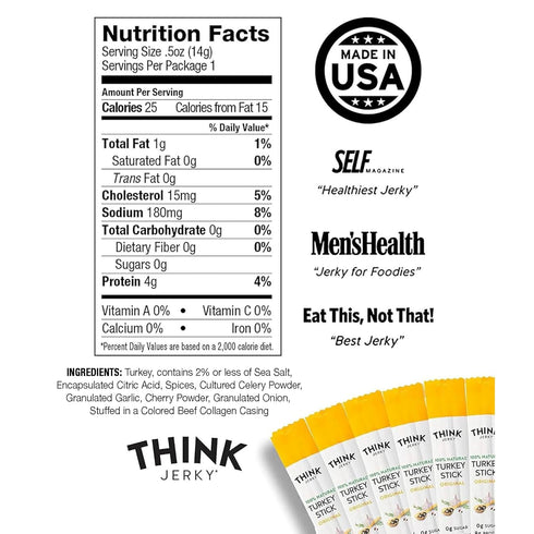 0.5 oz 20 Pack Think Jerky All-Natural Turkey Sticks, Gluten and Sugar Free, No Nitrates, Keto Paleo Friendly High