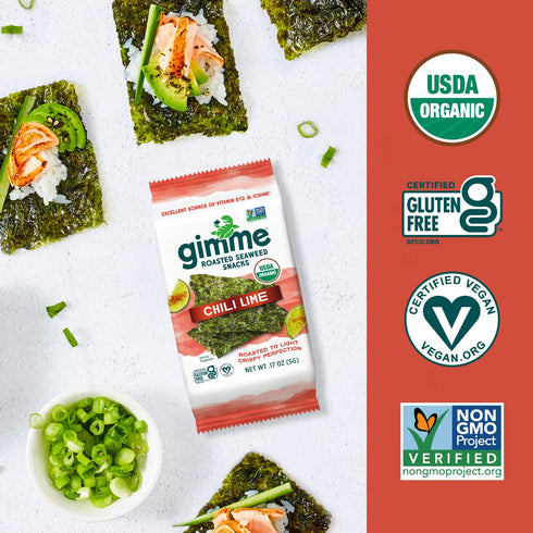 Gimme 6 Count, Omega3s Seaweed Organic Premium Roasted Seaweed Snacks, Chili Lime, Keto, Vegan, Gluten-Free, Great