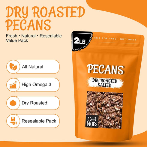 Packed 1 LB Oh! Nuts Pecans Dry Roasted Unsalted - Kosher, Oil-Free, All Natural Pecans - For Baking, Snacks, Salad