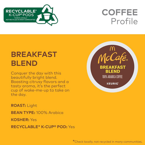 60 Count (6 Packs 10) McCafe Breakfast Blend, Single Serve Coffee Keurig K-Cup Pods, Light Roast