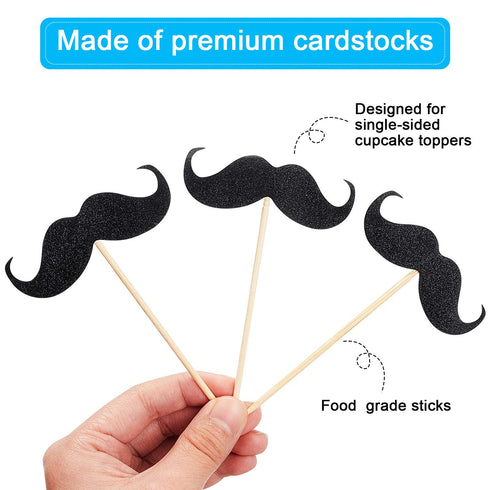 50 Pieces Mustache Cupcake Toppers, Mustache Birthday Cake Topper, Black Glitter Mustache Dessert Toppers for Baby