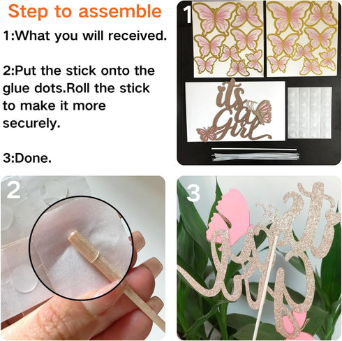 ALISSAR New Double Sided Rose Gold Butterfly Baby Shower Cake Topper Set, It's A Girl Cake Topper & 16 Pink Butterflies