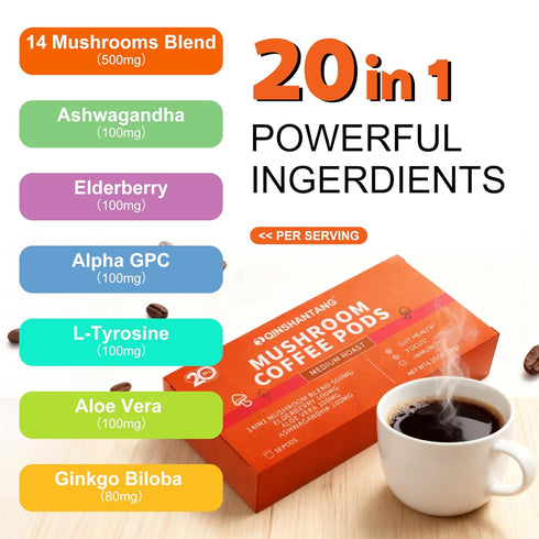 18 Count, 14 Immune Mushroom Coffee K Cup, Ground Arabica Coffee Powder, Mushrooms Supplement, Ashwagandha, Elderberry