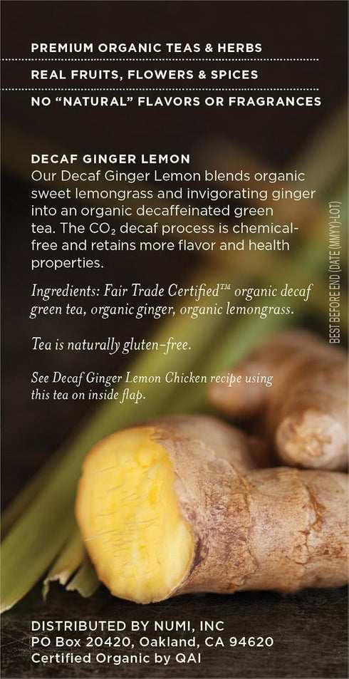 16 Count (Pack 3) (Packaging Numi Organic Tea Decaf Ginger Lemon, Box of Tea Bags of Decaf Green Tea May Vary)