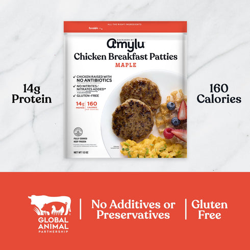 14g 12 oz Amylu Foods Chicken Sausage Breakfast Patties, Maple, Natural Ingredients, of Protein, GAP Chicken Raised