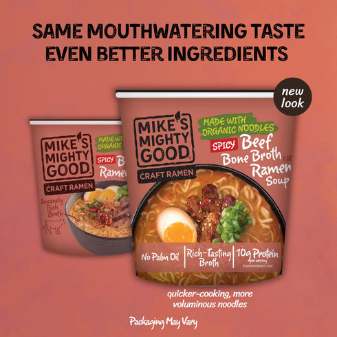 (Pack 6) 10g Mikes Mighty Good Spicy Beef Bone Broth Ramen Cup of Protein Instant Ramen Noodles Organic Steamed