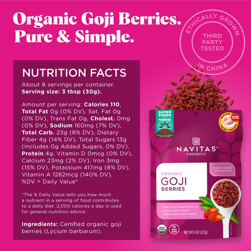(8oz. 8 Navitas Organics Goji Berries For Smoothies, Trail Mix, Baked Goods, Oatmeal & More Vitamin A, Antioxidants