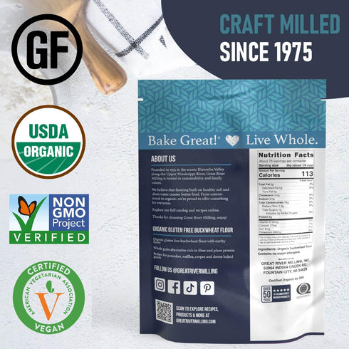 5 Lb Great River Milling Organic Buckwheat Flour | Gluten Free Flour Alternative | USDA Organic, Non-GMO, Kosher |