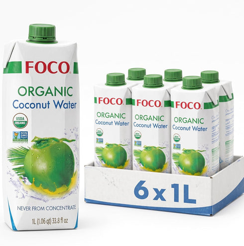 FOCO Coconut Water 33.8 Fl Oz, Pack of 6, Certified Organic, NON-GMO, Never