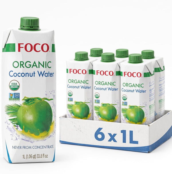FOCO Coconut Water 33.8 Fl Oz, Pack of 6, Certified Organic, NON-GMO, Never