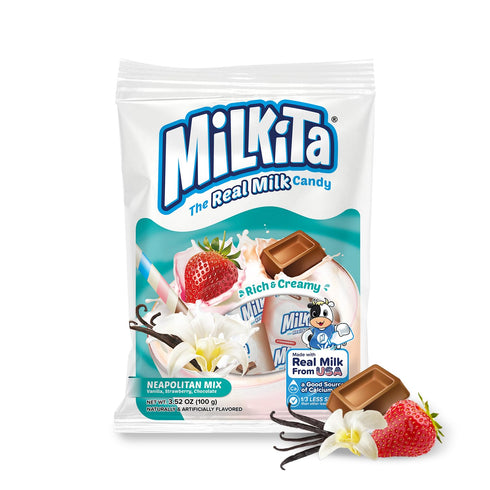 Milkita Creamy Shake Candy Bag, Gluten Free Chewy Candies with Calcium, Neapolitan Flavors (25 Pcs)