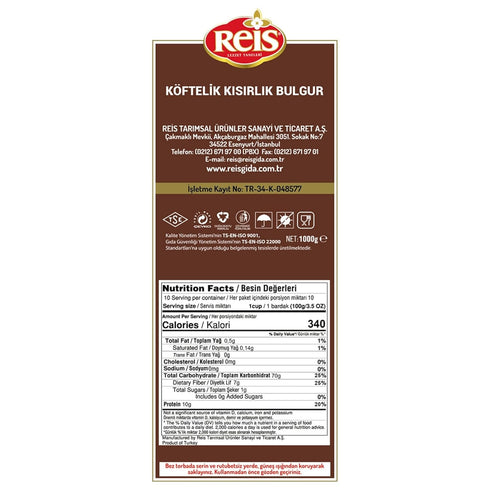 2.2 Lbs (1000g) Reis Fine Bulgur, Wheat Berries, Bulgur Wheat for Salads, Meatballs & Meals, Turkish Grocery Foods