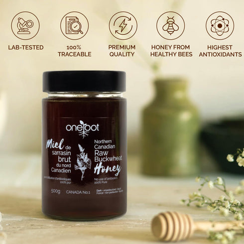 500g 1.1 lbs Antioxidant-Packed OneRoot Raw Honey Bundle Buckwheat & Canadian Wildflower Honey Unheated & Nutrient-Rich