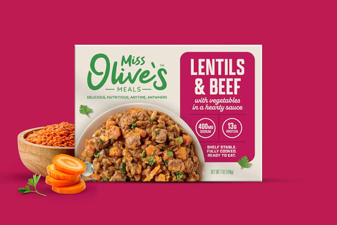 7 oz (Pack 6) Miss Olives Lentil & Beef with Vegetables Ready Meal, Lower Sodium Shelf Stable Heat & Eat Entre