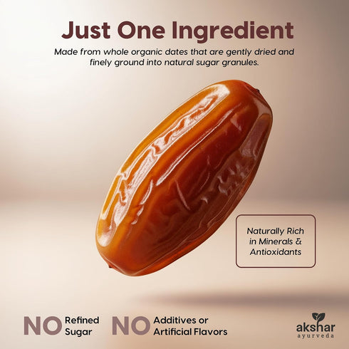 100% (1.1 lb) AKSHAR Ayurveda - Organic Date Sugar, Raw Organic Sugar Alternative for Baking and Desserts High Fiber