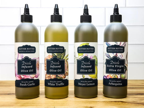 Sutter Buttes 400 ml Garlic Infused Extra Virgin Olive Oil Drizzlers in Award-Winning Flavors! - (Fresh Harvest Garlic)
