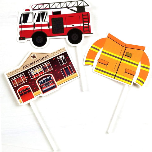 24 Pack Fireman Firefighter Cupcake Toppers - Fire Truck and Fire Extinguishing Cupcake Toppers for Birthday Party
