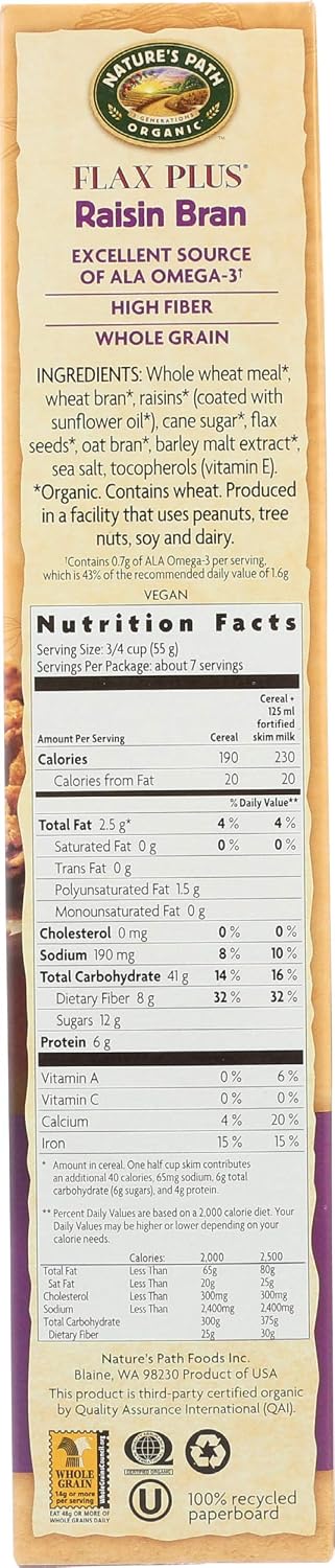 20g Omega-3 14 Pack 4 Nature's Path Organic Flax Plus Raisin Bran Cereal, Non-GMO, Whole Grains, with Rich Flax Seeds