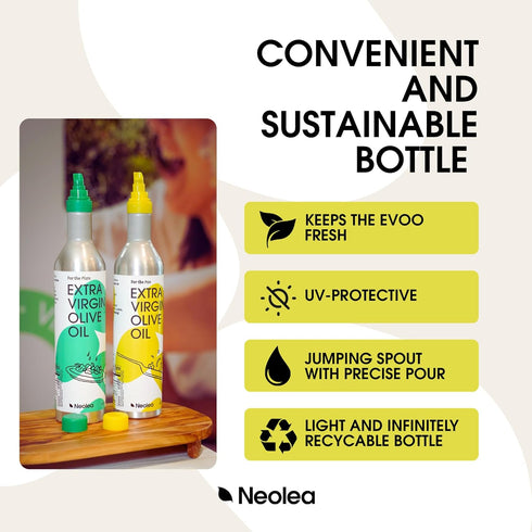 100% (500ml) Neolea Easy-Pour Extra Virgin Olive Oil For the Pan Mild & Mellow Made to Cook, Sizzle, Saut, Roast & Bake