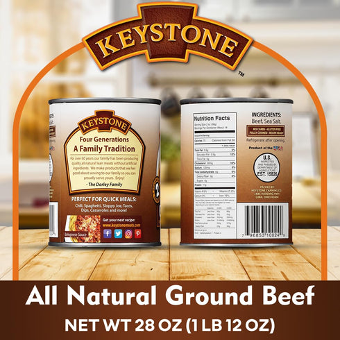 28 oz 5-Year Pack 3 Keystone Meats All Natural Heat and Serve Ground Beef Fully Cooked Canned Meat Ready to Eat Shelf