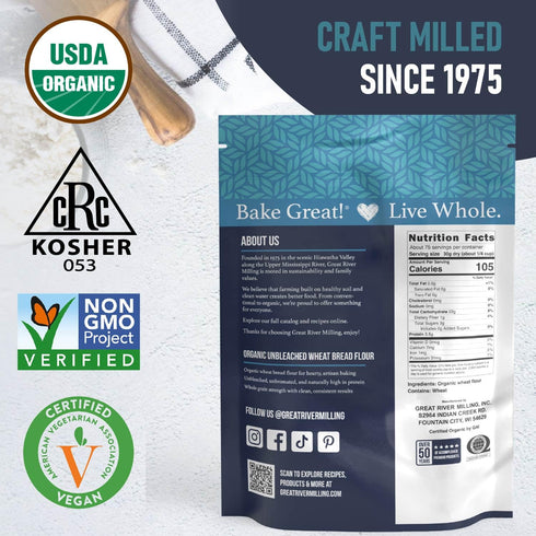 5 Lb Great River Milling Organic Unbleached Wheat Bread Flour | Artisan Bread Flour for Baking | Multi-Purpose Wheat