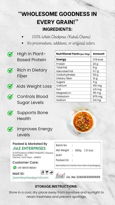 17.6 Oz (500g) Jiaz Enterprises White Chickpeas (Kabuli Chana) ~ Garbanzo Beans | All Natural | Vegan | Gluten Friendly