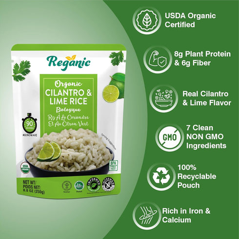 8g 6g 7 1.5 8.8 oz Pack 6 Reganic Cilantro & Lime Rice Pouch, USDA Organic, Zesty Global Flavor, Protein & Fiber, Made