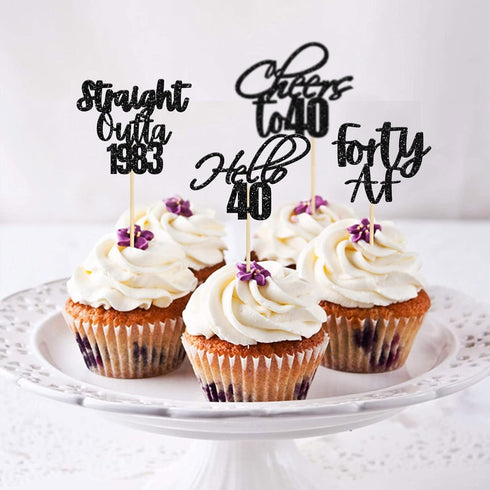 Gyufise 48 Pack Black Glitter Hello 40 Cupcake Toppers for 40th Birthday Anniversary Party Cake Decorations Supplies