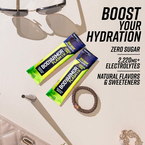 Packets, Packs, (6 Count) BODYARMOR Flash IV Electrolyte Lemon Lime - Zero Sugar Drink Mix, Single Serve Coconut Water