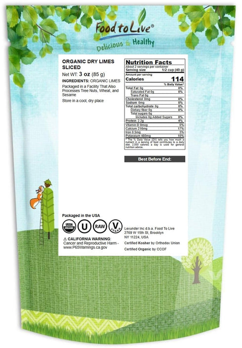 3 Food to Live Organic Dry Lime Slices, Ounces Natural Dehydrated Citrus for Cocktails, Baking, Tea, Holiday