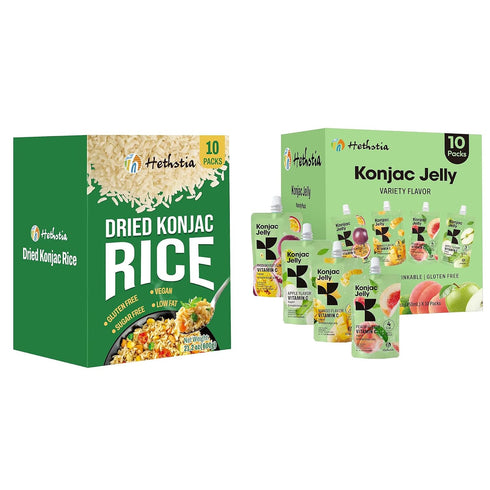 Hethstia Dried Shirataki Rice 10-Pack + Konjac Jelly Variety Pack 10 Pouches
