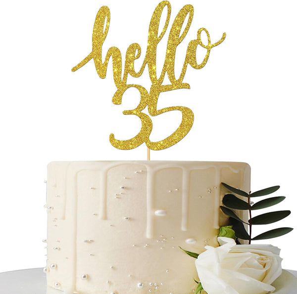 Hello 35 Cake Topper – 35th Birthday / Anniversary Party Decoration Supplies (Gold, Hello 35)