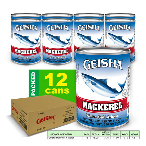 15OZ. (Pack 12), GEISHA Mackerel in Water of Scomber Japonicus| Halal Certified Good Source of Protien Wild Caught No
