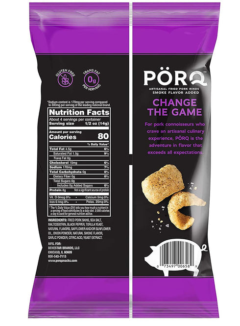 2-Ounce (Pack 6) PORQ Artisanal Fried Pork Rinds, Smoky Black Pepper & Sea Salt with Smoke Flavor Added, Gluten Free
