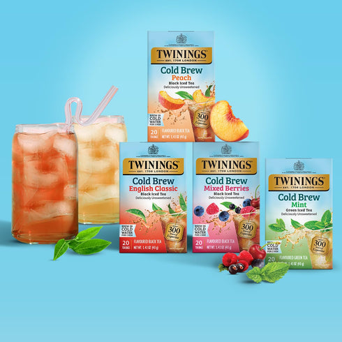 20 Count (Pack 1), 20 Twinings Peach Cold Brew Iced Tea Bags, of Unsweetened Flavoured Black Tea, Caffeinated, Teabags