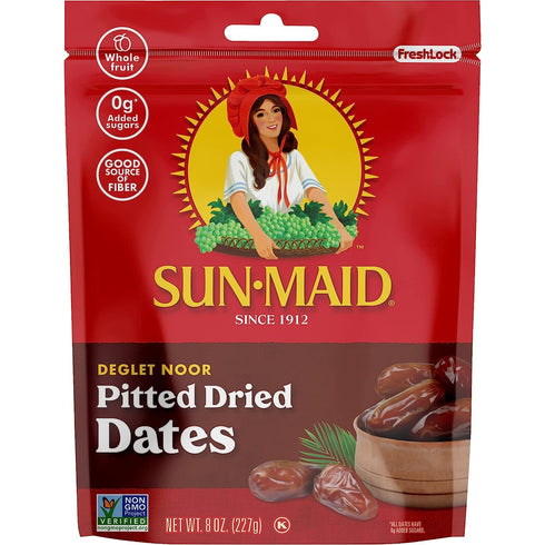(4 Pack) 8 oz Sun-Maid Deglet Noor Pitted Dried Dates - Resealable Bag - Pitted Deglet Noor Dates Dried Fruit Snack