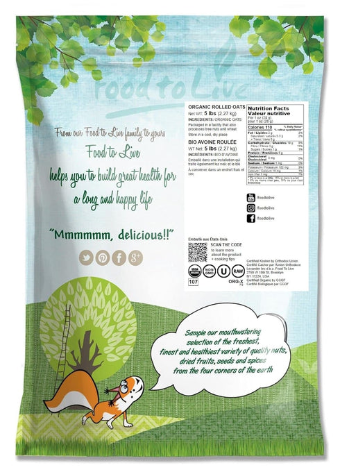 5 100% Food to Live Organic Rolled Oats, Pounds Old-Fashioned, Whole Grain, Non-GMO, Raw, Kosher, Bulk Oats. Perfect